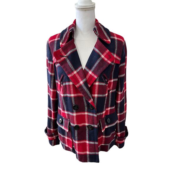 American Eagle Outfitters Red White & Blue Plaid Wool Pea coat L - Picture 1 of 9
